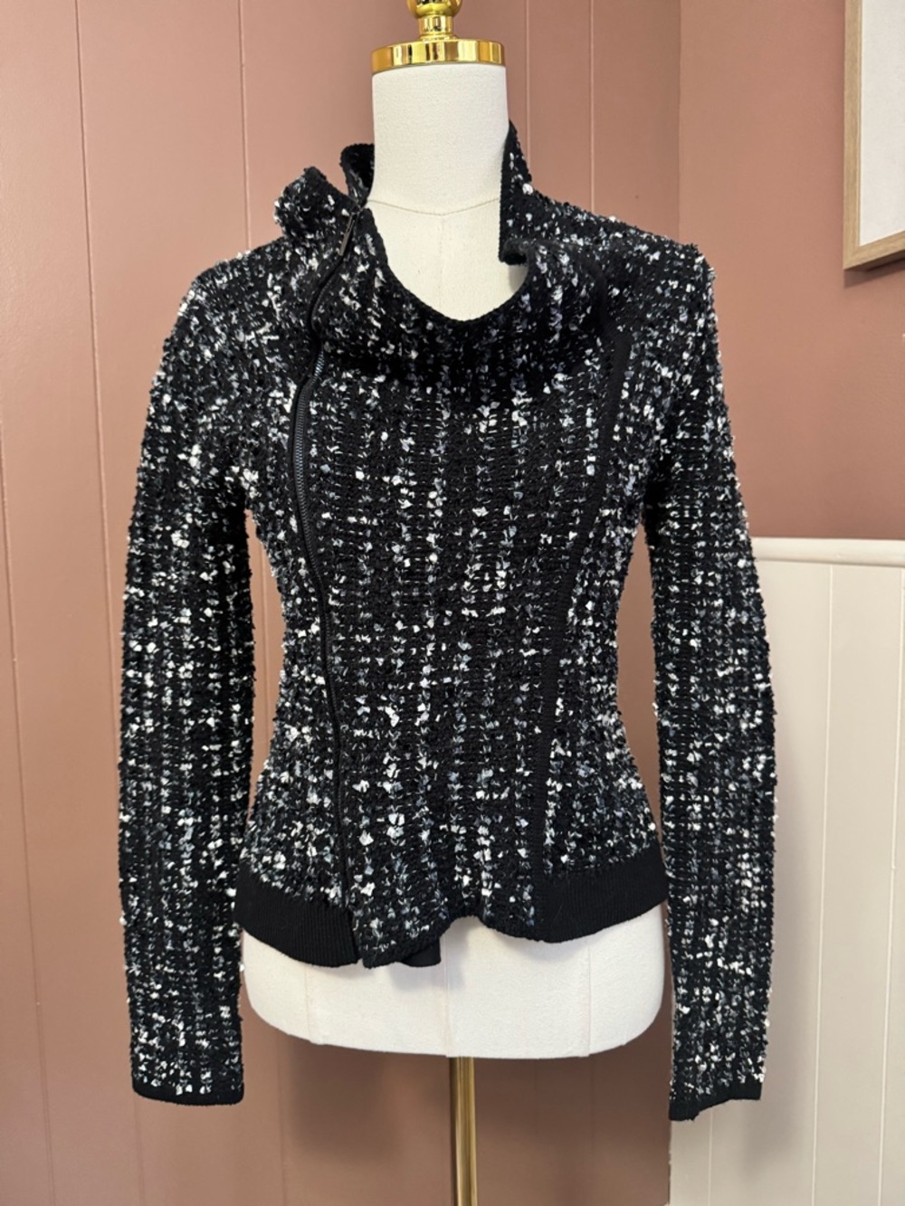 BCBGMaxAzria Black & White Textured Cowl Zip Cardigan